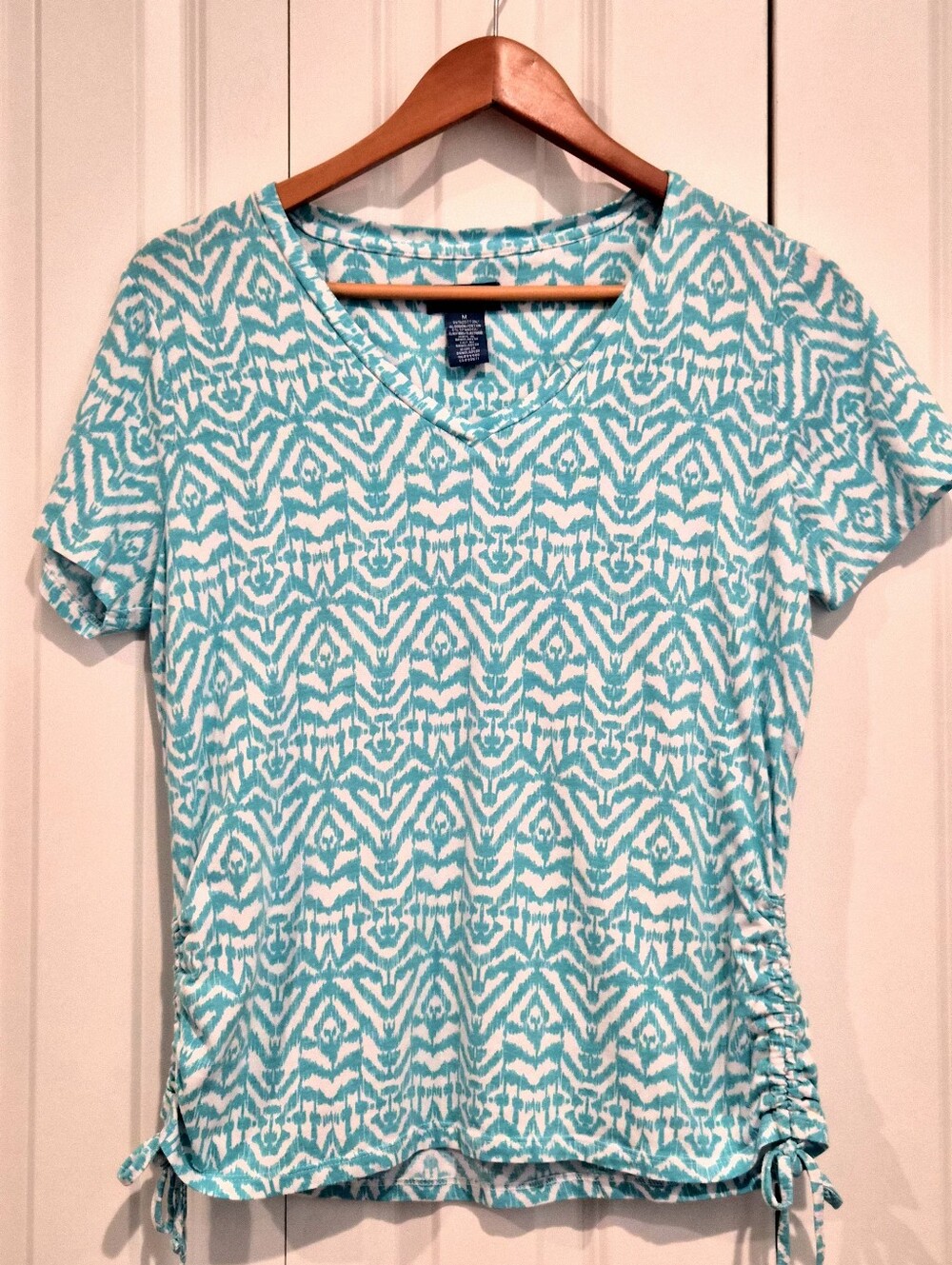 Caribbean Joe Bright Turquoise And White Short Sleeve Top Stretch Medium